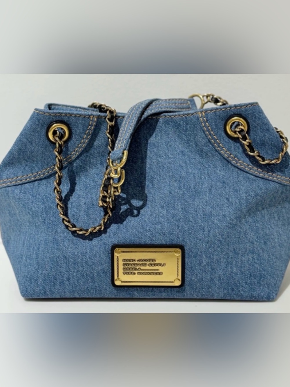Marc Jacobs Standard Supply Workwear Denim Tote Shoulder Bag Gold Chain